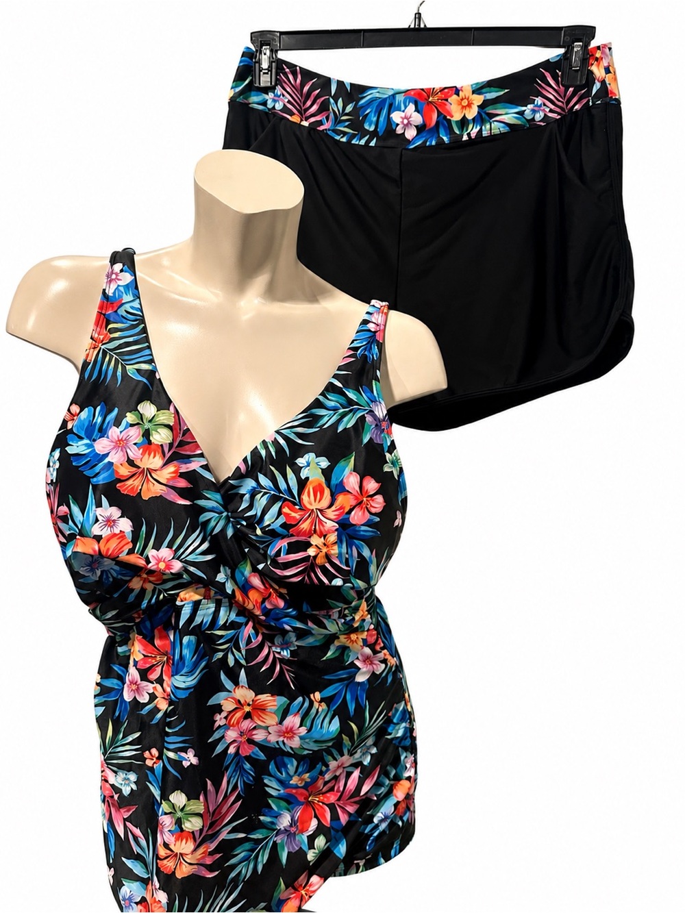 Black Floral Tankini Set with Tropical Print 18W